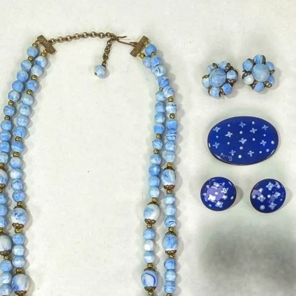 Antique Blue Beaded Necklace Earring Set Moon Glow Necklace Dress Clip Brooch - Picture 5 of 10